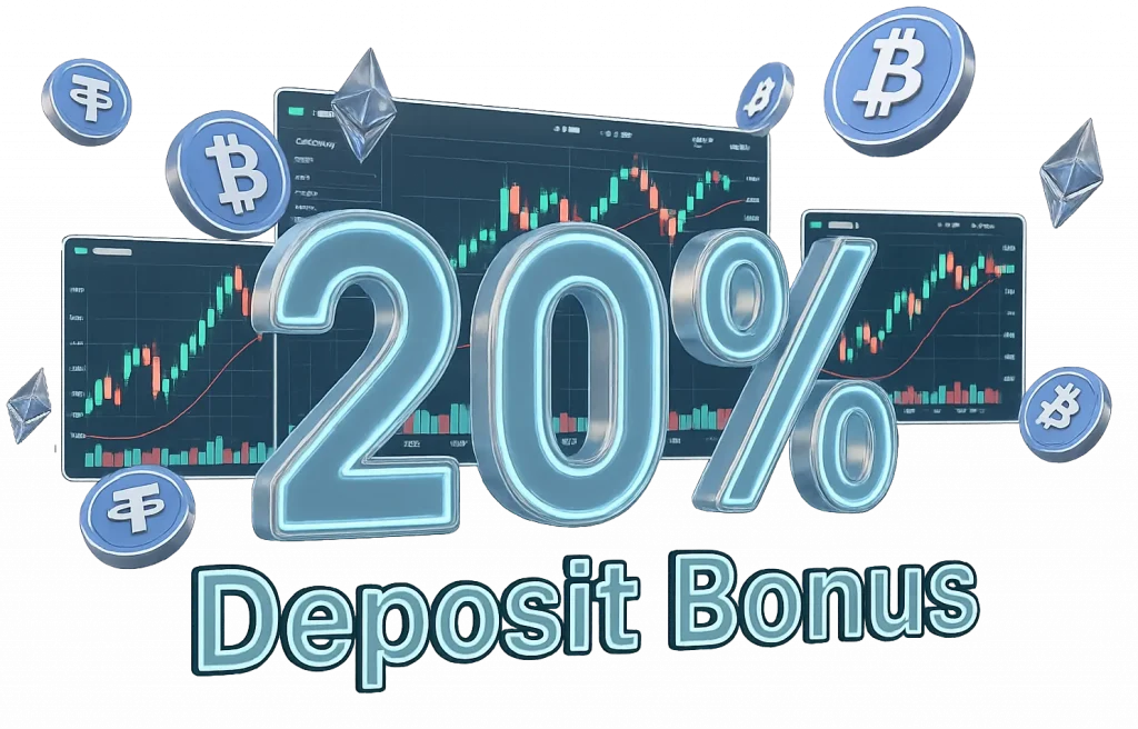3D-rendered “20% Deposit Bonus” scene with glowing glass text, floating Bitcoin, Tether, and Ethereum icons, and detailed trading charts in the background.