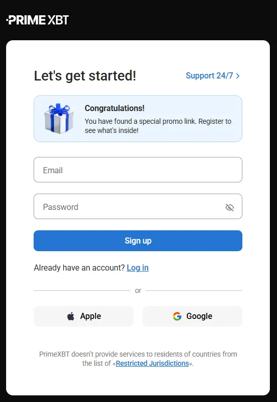 PrimeXBT sign-up page showing email and password fields and a promo banner for a special offer.