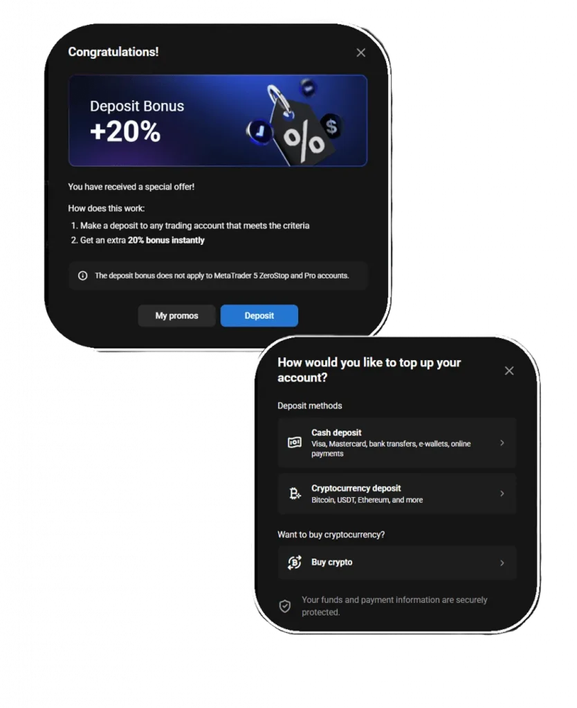 PrimeXBT interface screens showing a 20% deposit bonus offer and deposit method options.